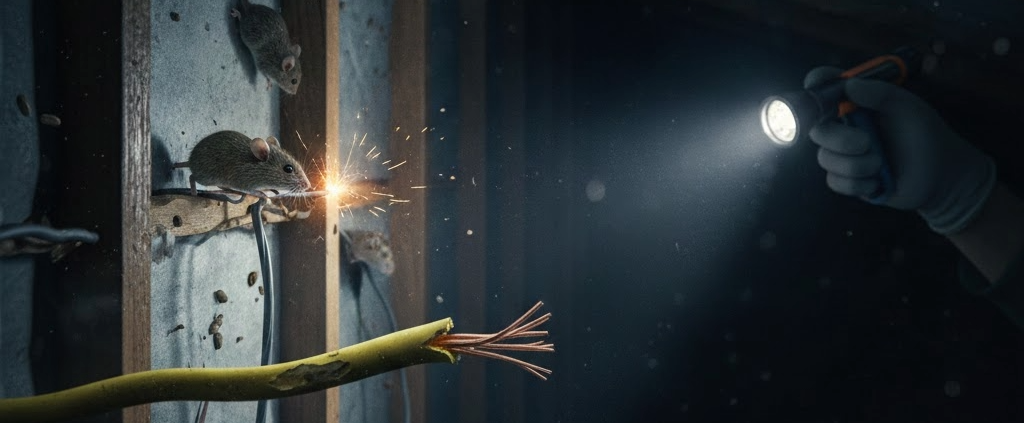 Professional rodent exclusion showing mice near electrical wires in a crawlspace, service by Premier Pest Solutions.