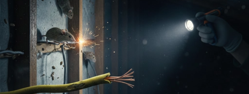 Professional rodent exclusion showing mice near electrical wires in a crawlspace, service by Premier Pest Solutions.